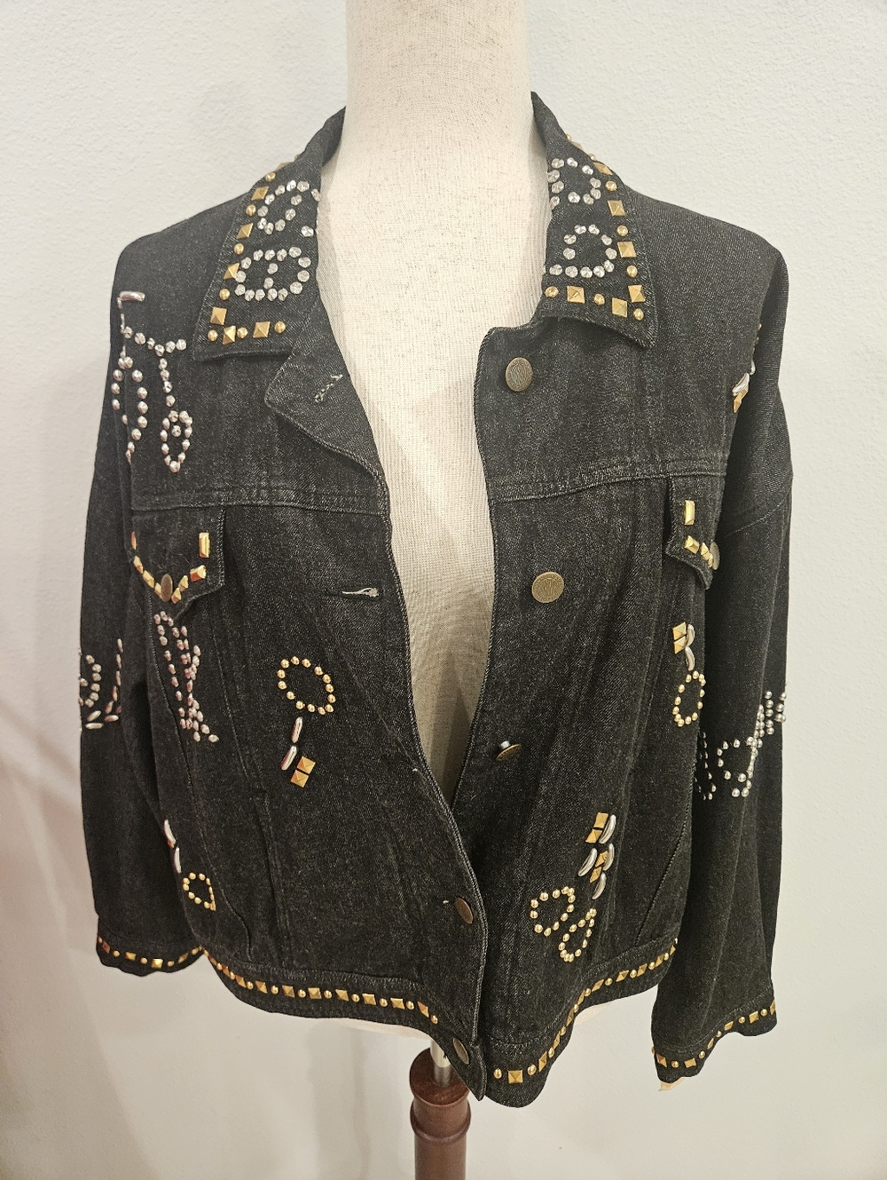 NWT Vintage DKNY Black Studded Denim Jacket Embellished Western Boho Sz L